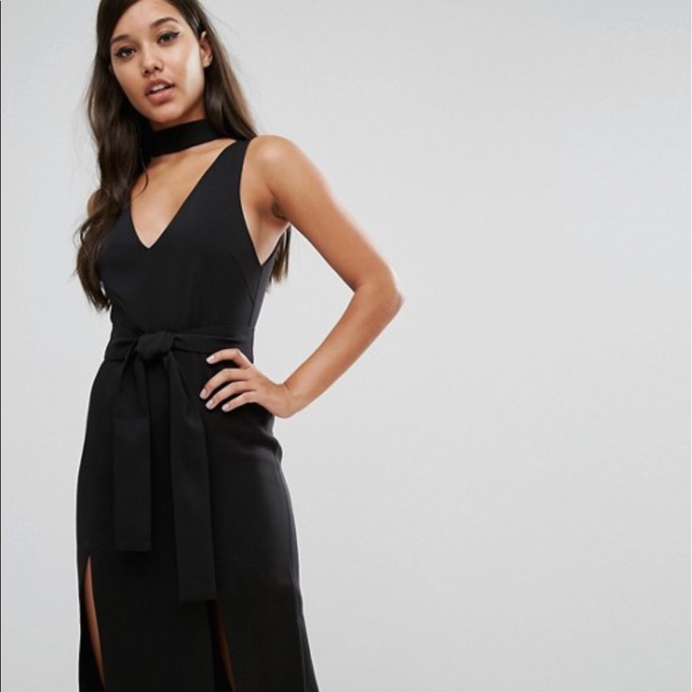 keyhole tie belt double slit midi dress black